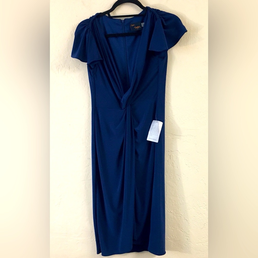 Just Taylor Twist Front Midi Dress 6 Blue Stretch Short Sleeve